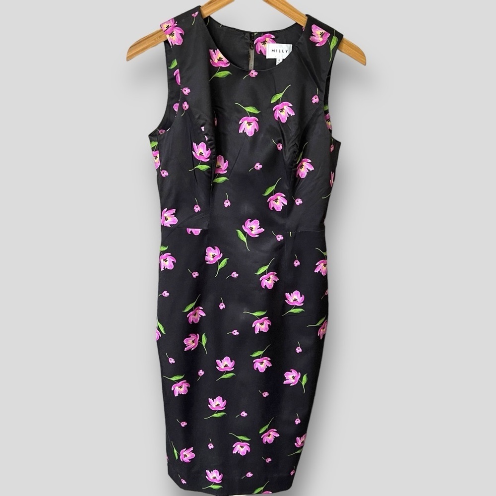 MILLY Kendra Sheath Dress Floral Print Black Pink Floral.